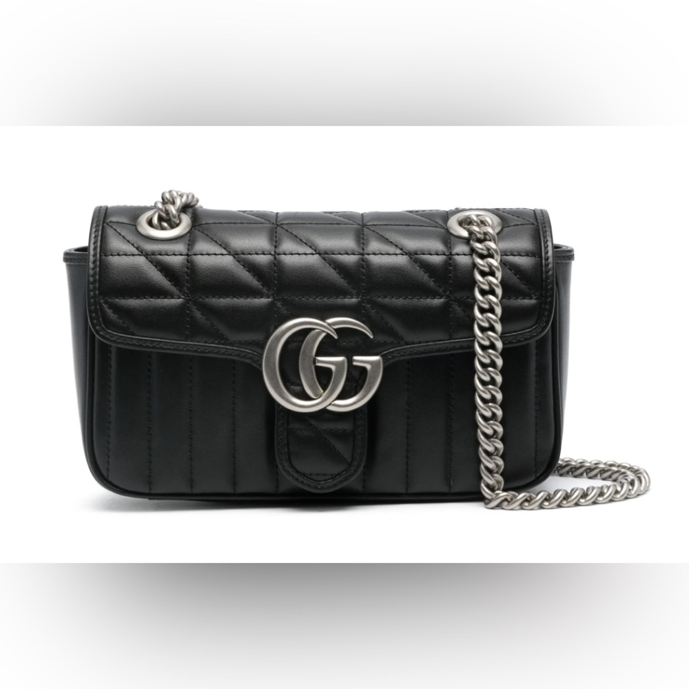 Gucci Leather GG Marmont Black Quilted Crossbody Bag with Silver Chain